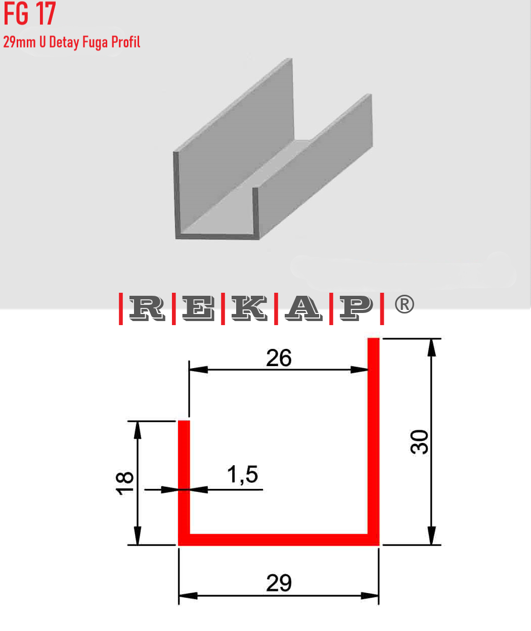|FG17| Fuga Profil 3 metre/ 50 adet (29mm U Fuga) Ral 9016