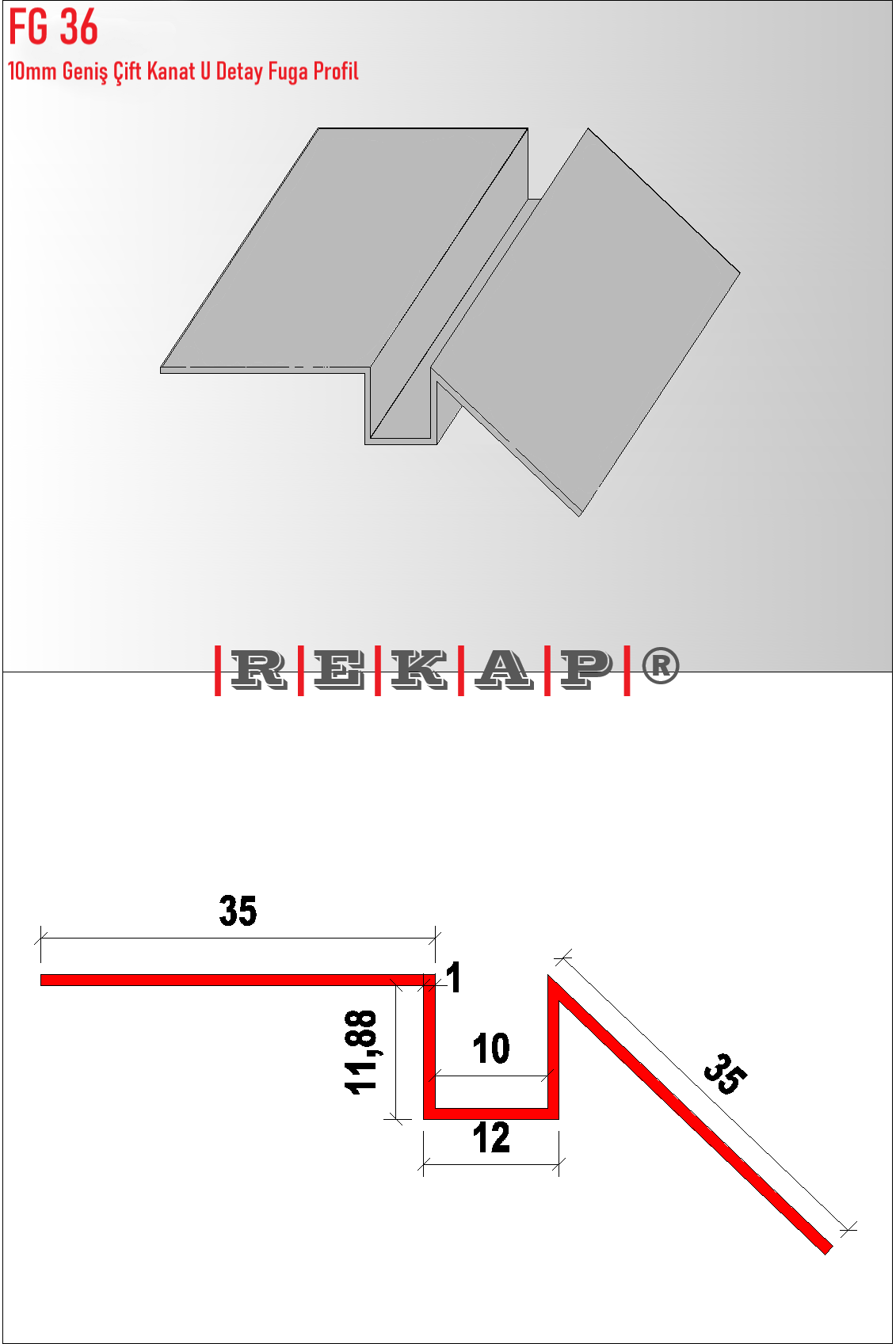 |FG36| Fuga Profil 3 metre/ 50 adet (10mm Geniş Çift Kanat U) Ral 9016